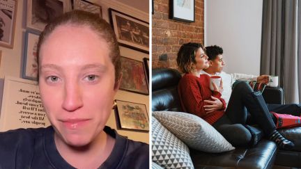 woman shares date issue (l) man and woman chilling on a couch (r)