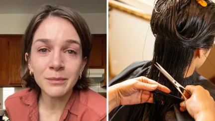 woman shares hair cut emotions (l) woman chops off her hair (r)