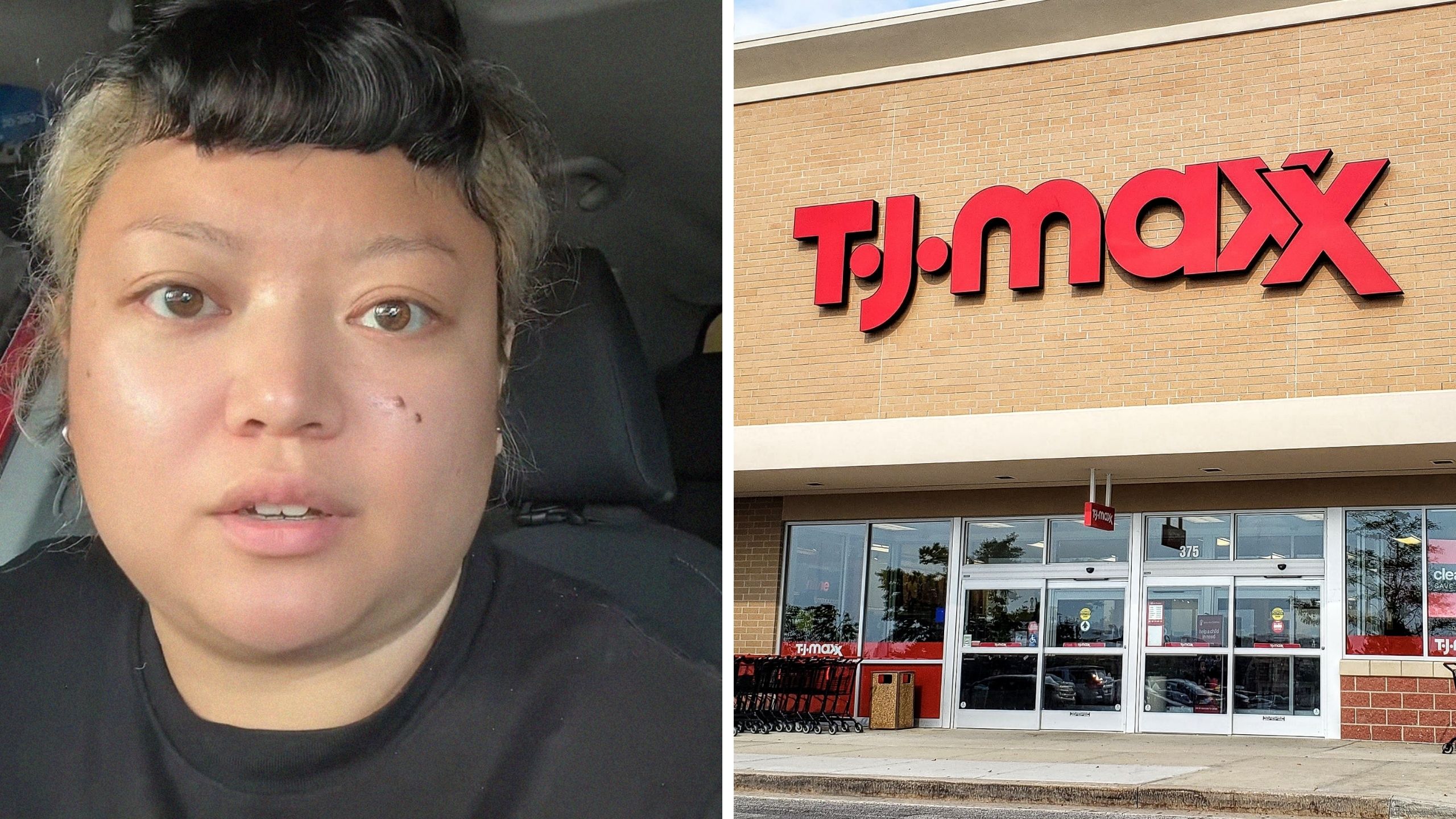 woman shares shopping experience (l) T.J maxx storefront (r)