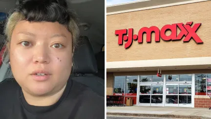 woman shares shopping experience (l) T.J maxx storefront (r)