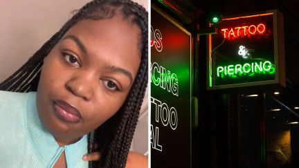 woman shares piercing experience (l) Piercing sign (r)