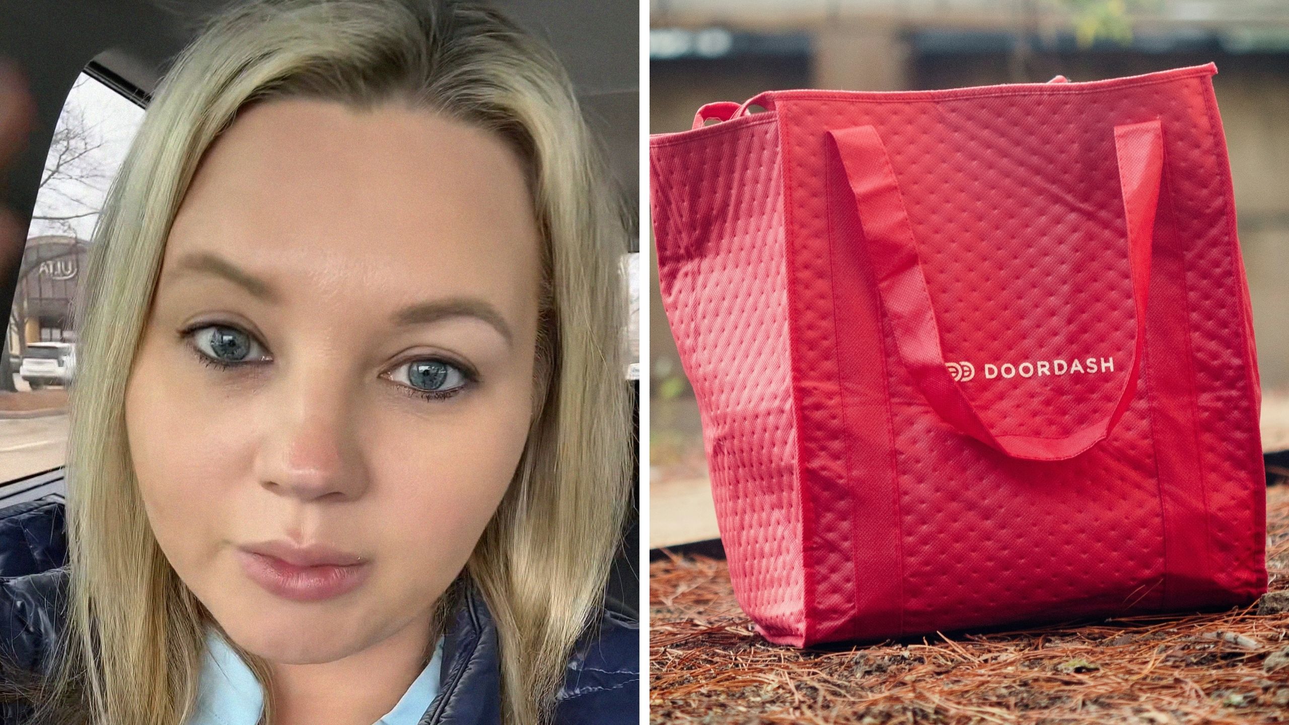 woman shares doordash accident experience (l) doordash delivery bag (r)