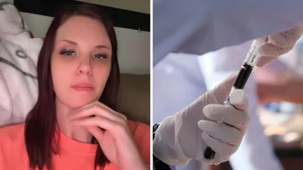 woman shares blood draw experience (l) doctor with blood draw test (r)