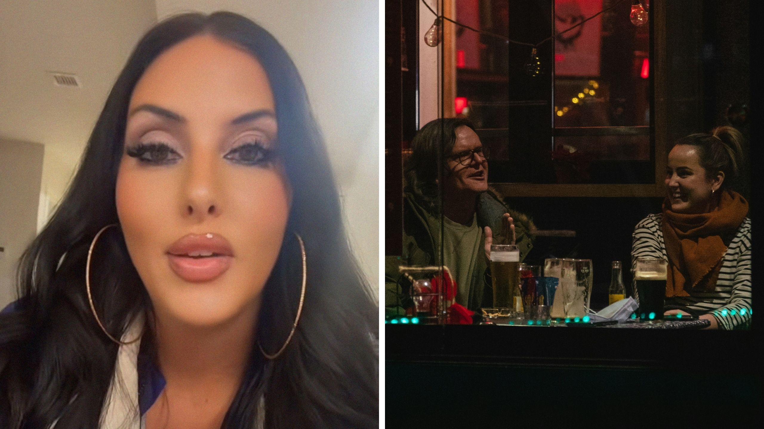 woman shares 3 dates experience (l) man and woman having a drink on a date (r)