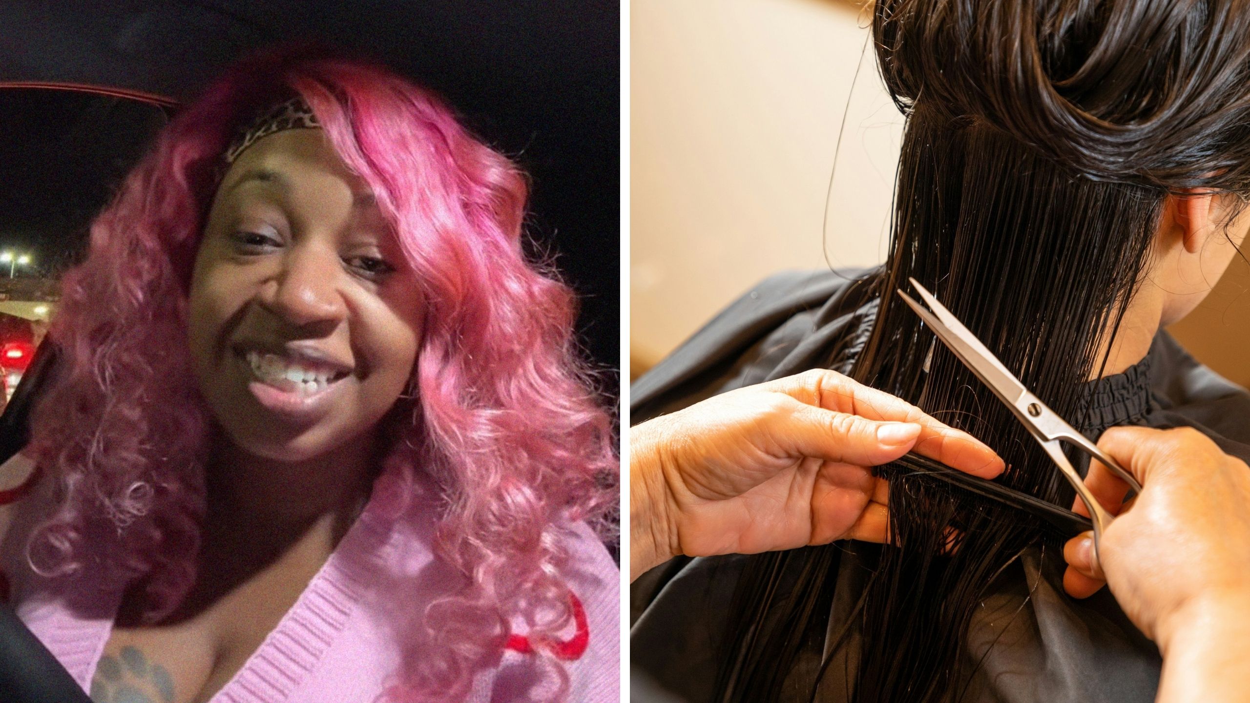 woman shares haircut issue (l) woman getting a haircut (r)