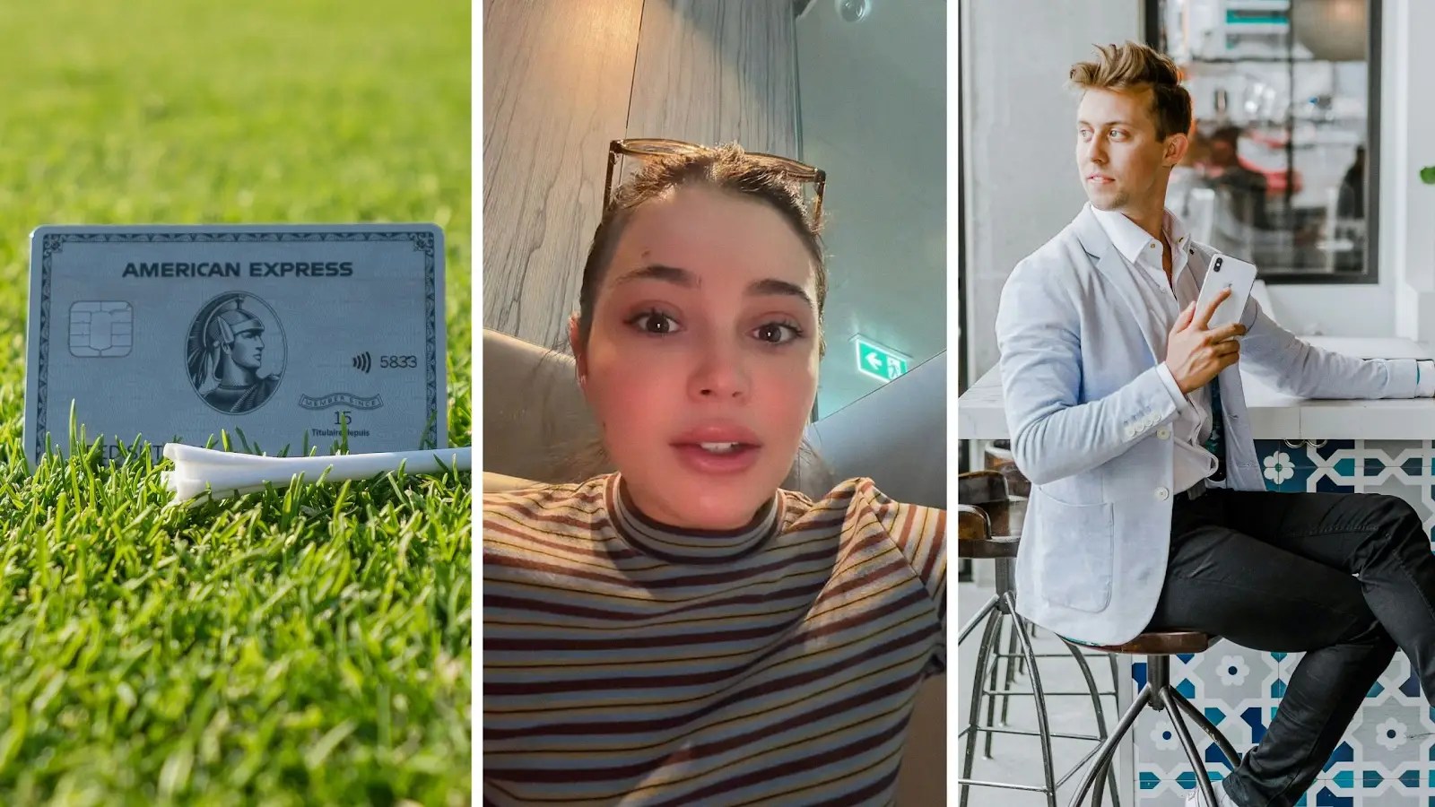 Amex credit card (l) woman shares airport lounge issue (c) man at airport lounge (r)