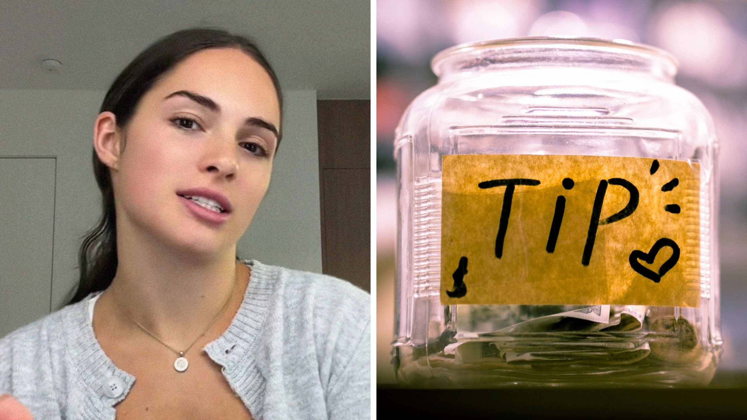 woman talks about restaurant tipping (l) Tipping jar (r)
