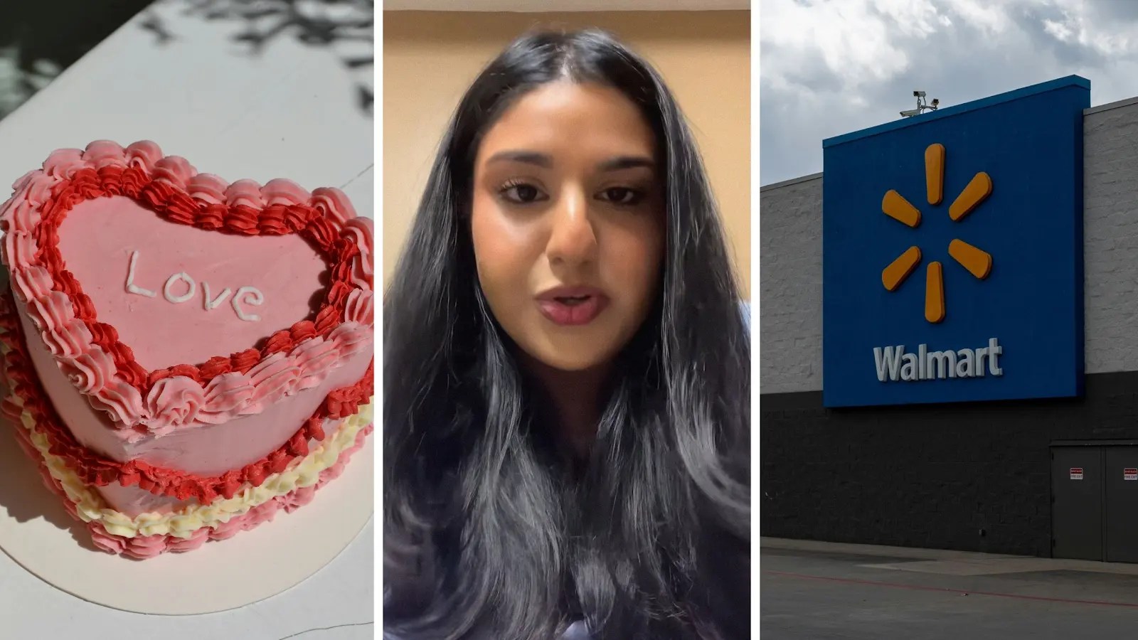 viral heart cake (l) woman shares walmart issue (c) walmart storefront (r)