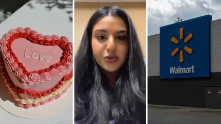 viral heart cake (l) woman shares walmart issue (c) walmart storefront (r)