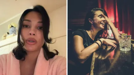 woman shares date issue (l) drunk woman at Italian restuarant bar (r)