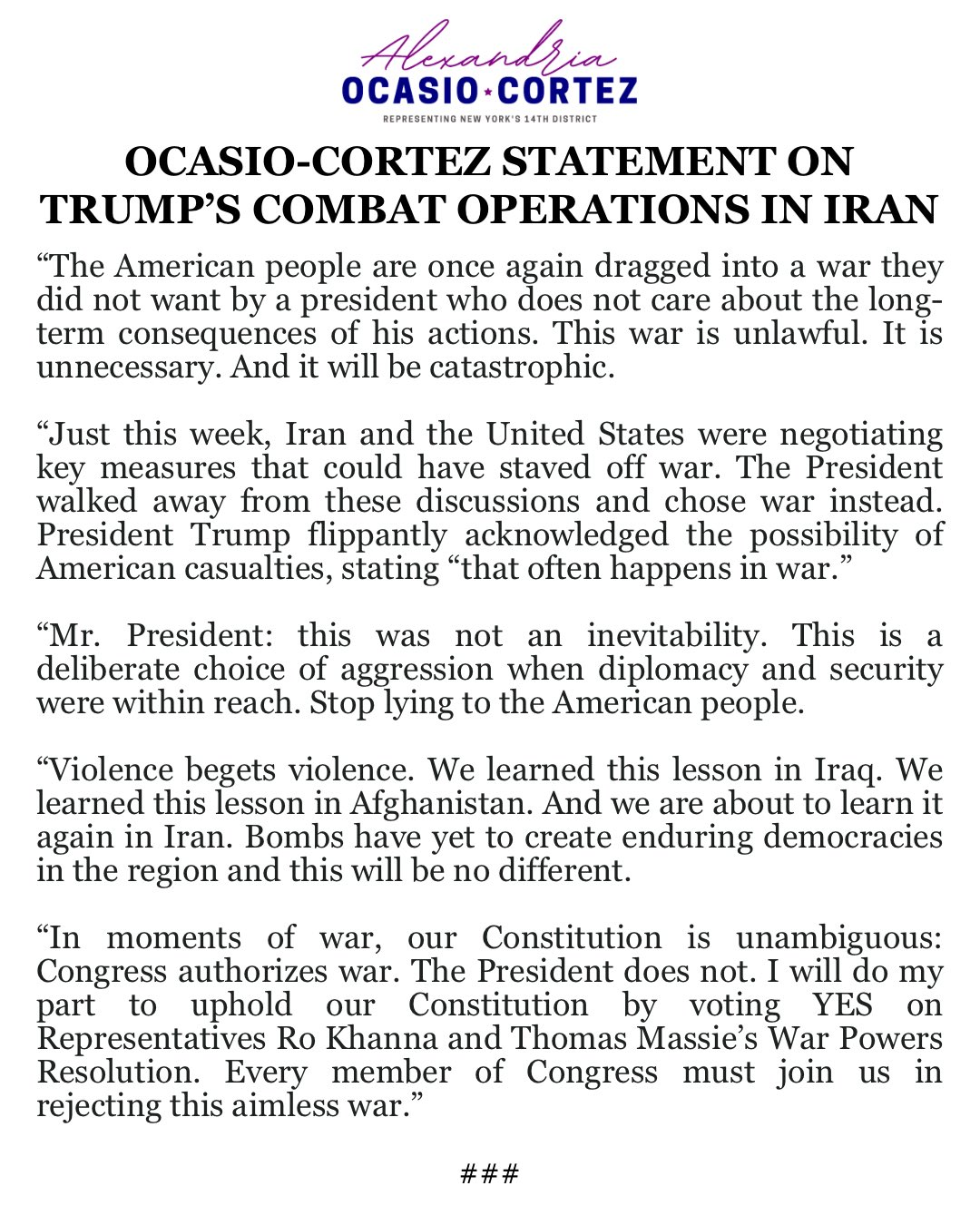 AOC condemns Trump attack on Iran