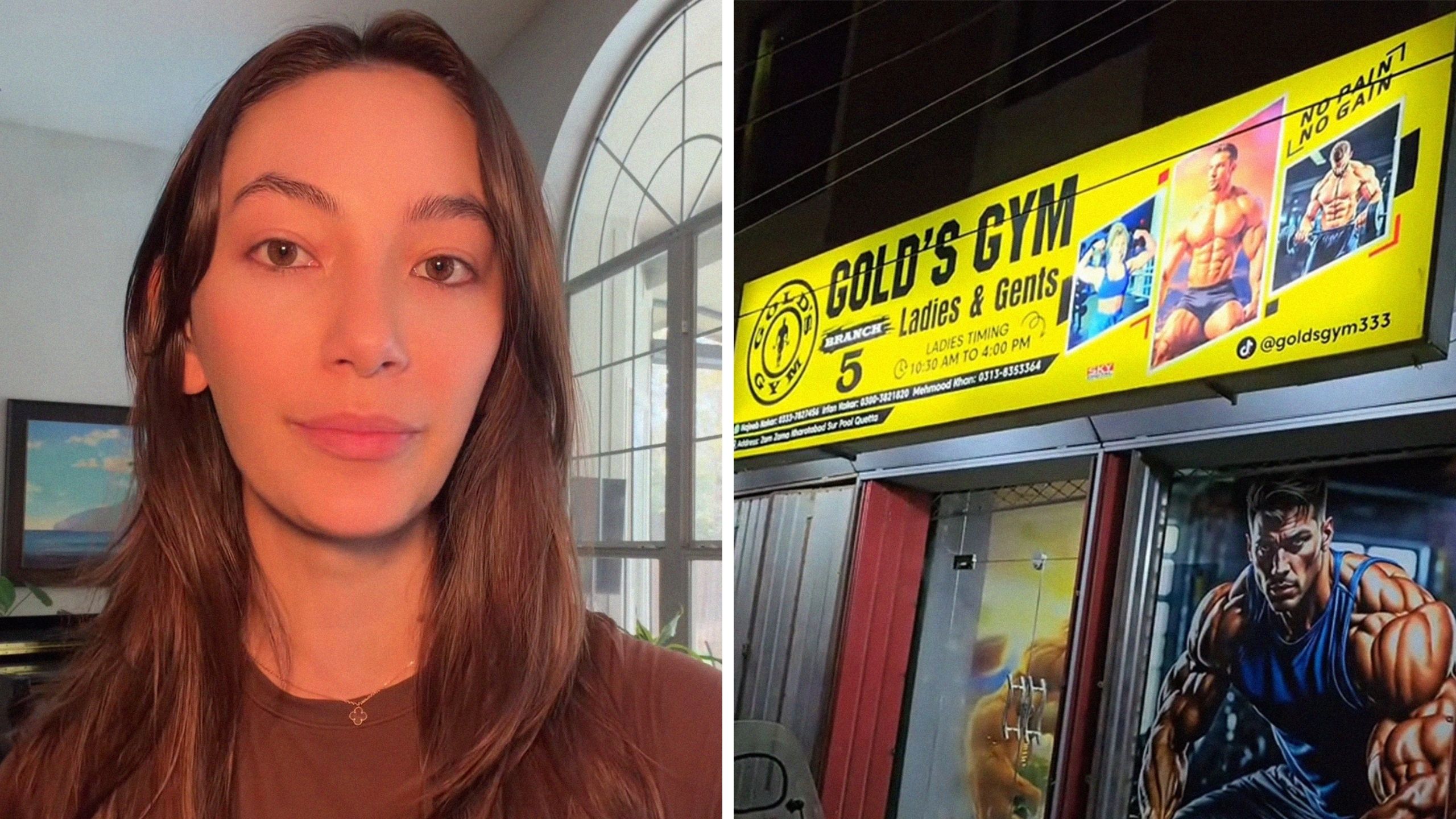 woman shares gym stalker experience (l) Gold's Gym entrance (r)