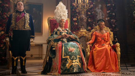 Bridgerton. (L to R) Hugh Sachs as Brimsley, Golda Rosheuvel as Queen Charlotte, Adjoa Andoh as Lady Danbury in episode 408 of Bridgerton. Cr. Liam Daniel/Netflix © 2025