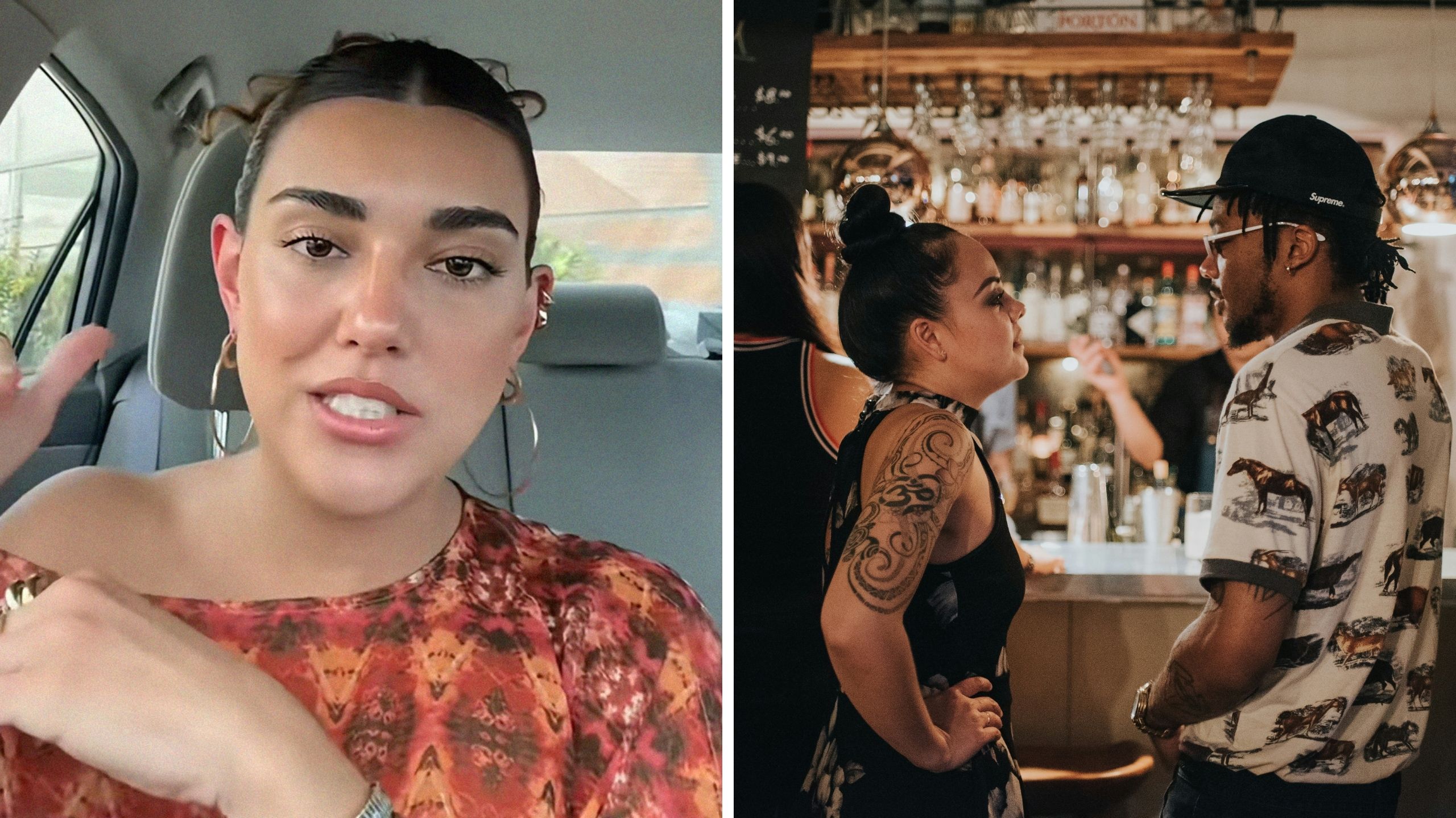 woman shares sisters experience with a man at a bar (l) woman and man arguing at bar (r)