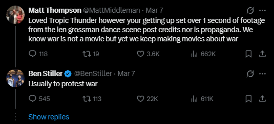 Ben Stiller makes anti-war stance on X