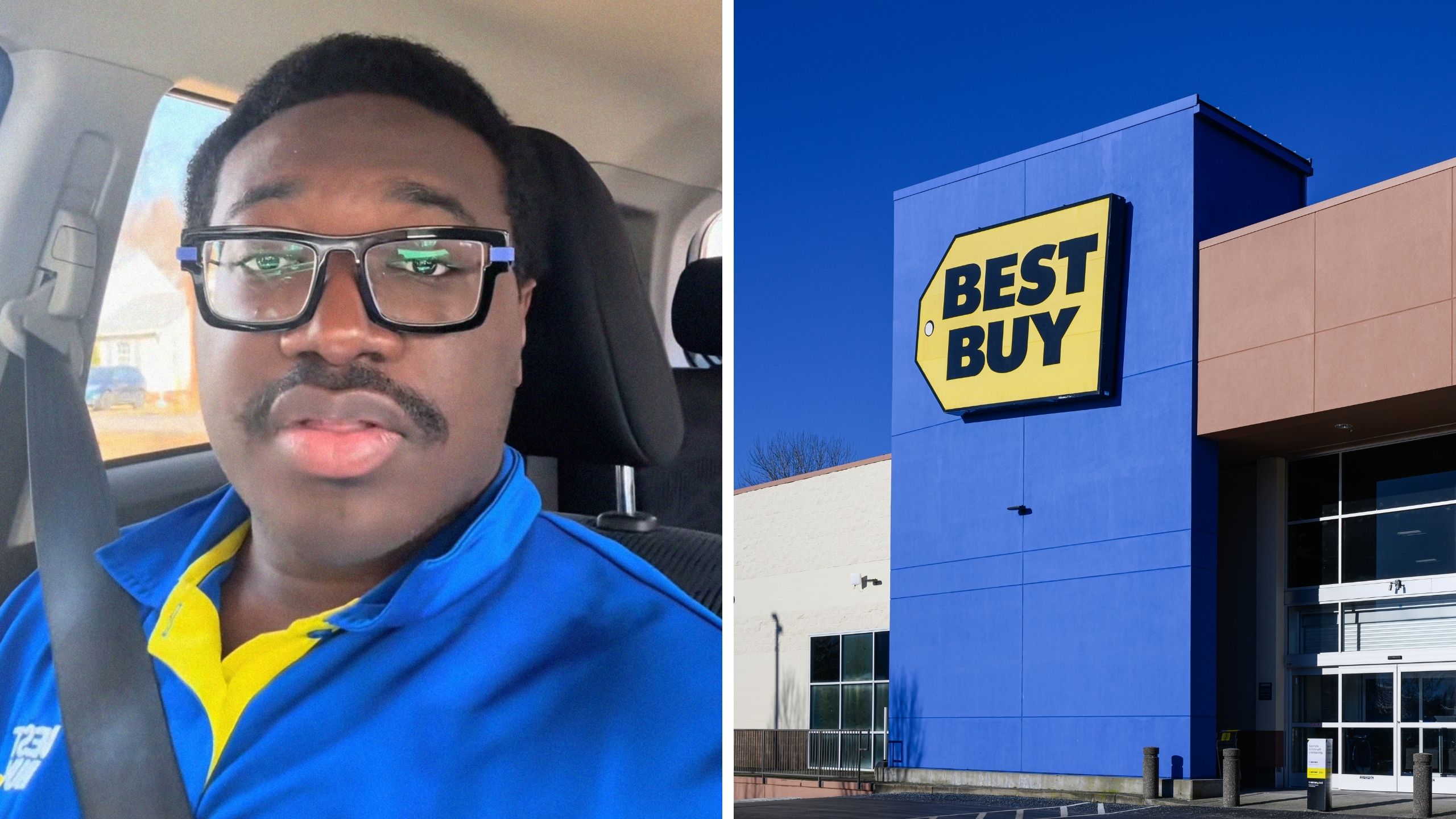 man shares a day in the job (l) Best Buy storefront (r)