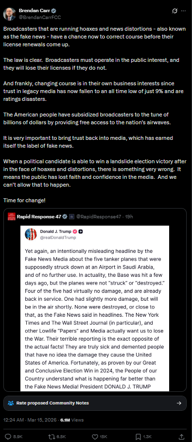 Brendan Carr lectures broadcasters on 'fake news' regarding the Iran War