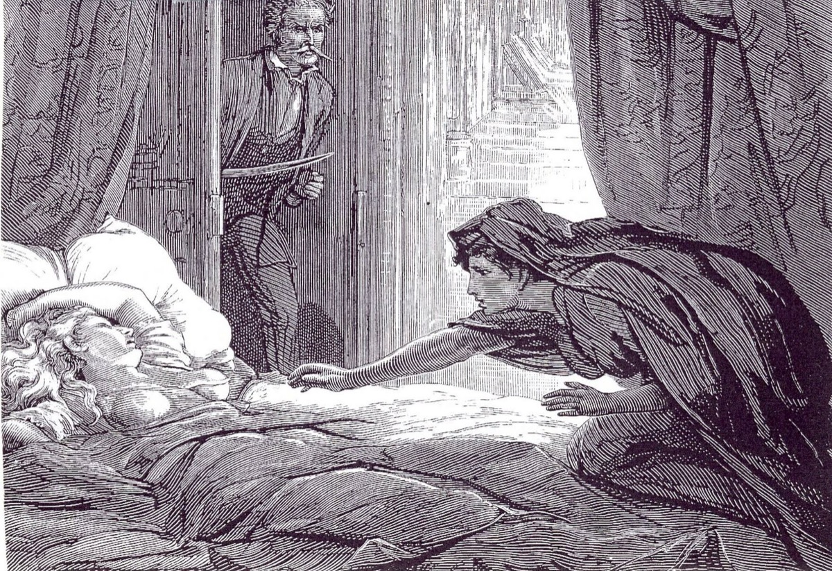 A vampire woman creeps up on a sleeping woman while an older man looks on in an illustration for "Carmilla" 