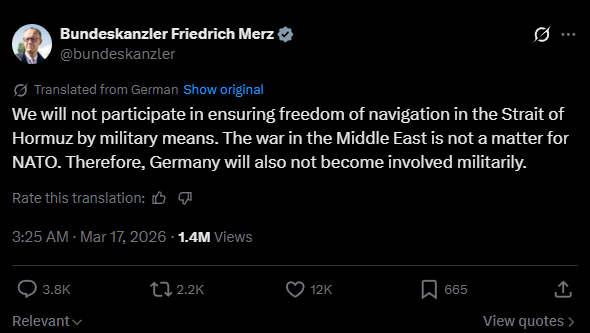 Chancellor Merz refuses to help Trump in the reopening of the Strait of Hormuz