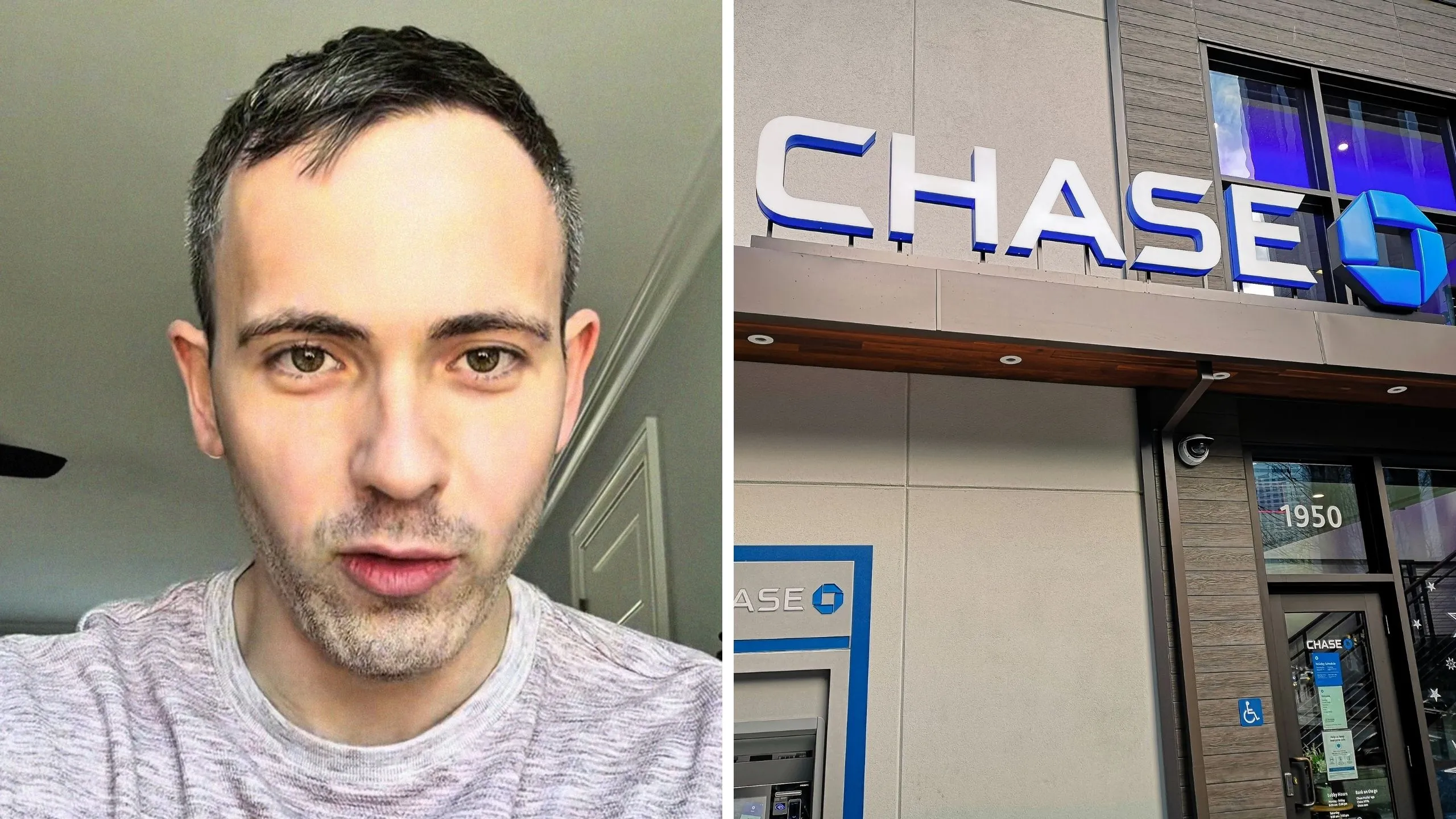 man shares bank issue (l) Chase bank entrance (r)