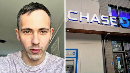 man shares bank issue (l) Chase bank entrance (r)