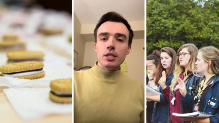 girl scout cookies (l) man shares cookie order (c) girl scouts (r)