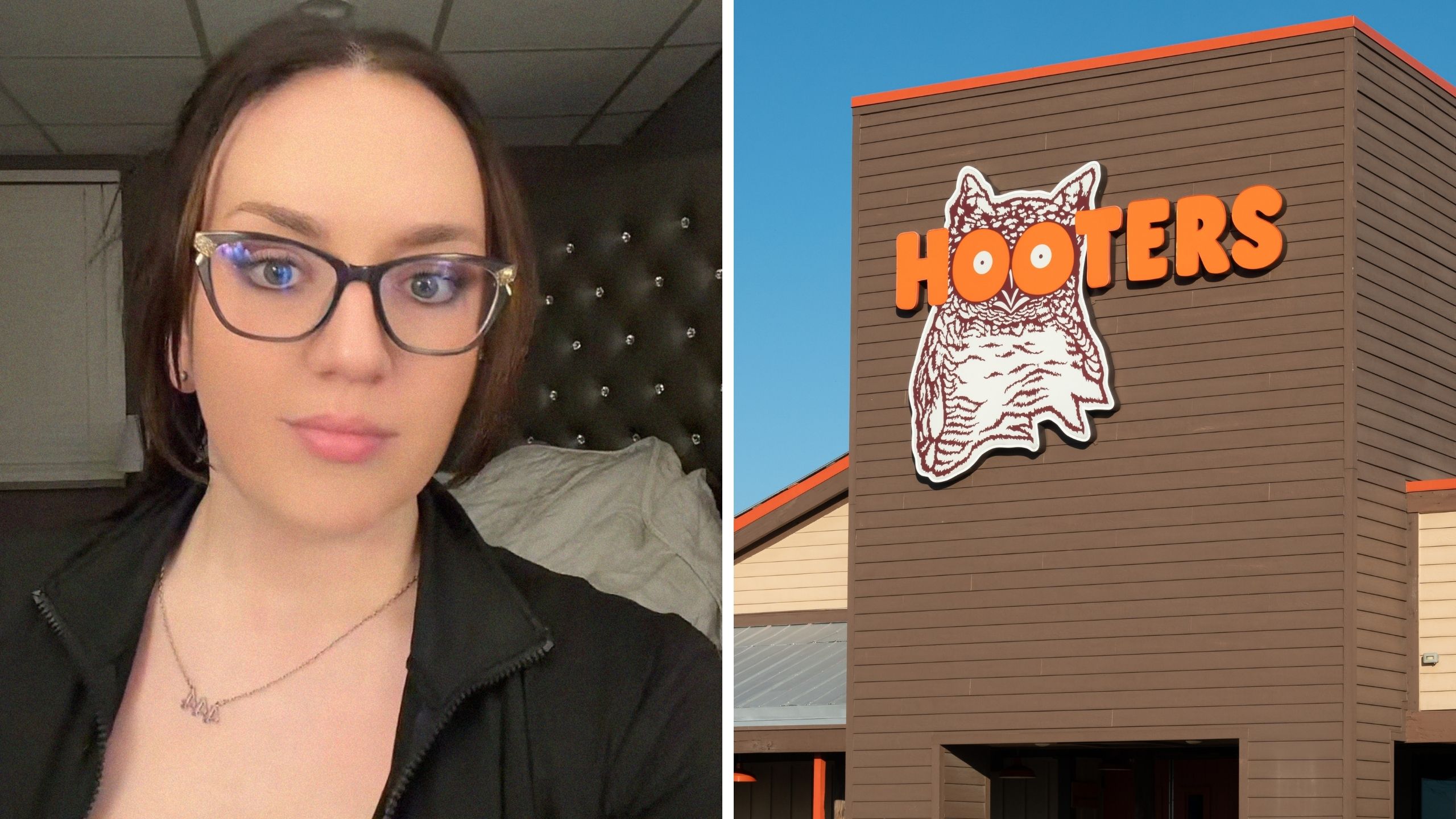 woman shares new job uniforms (l) Hooters entrance (r)