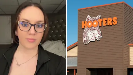 woman shares new job uniforms (l) Hooters entrance (r)