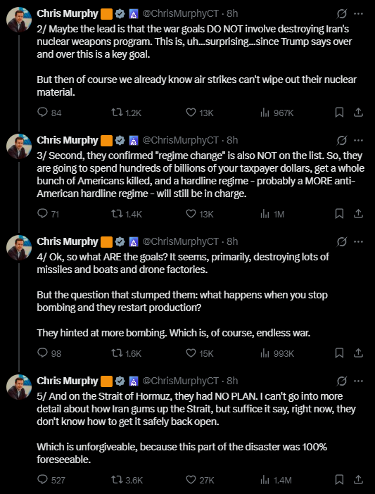 Chris Murphy says Trump has no war plans on X