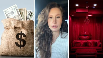 bag of cash (l) woman shares job experiences (c) dancer rooms (r)