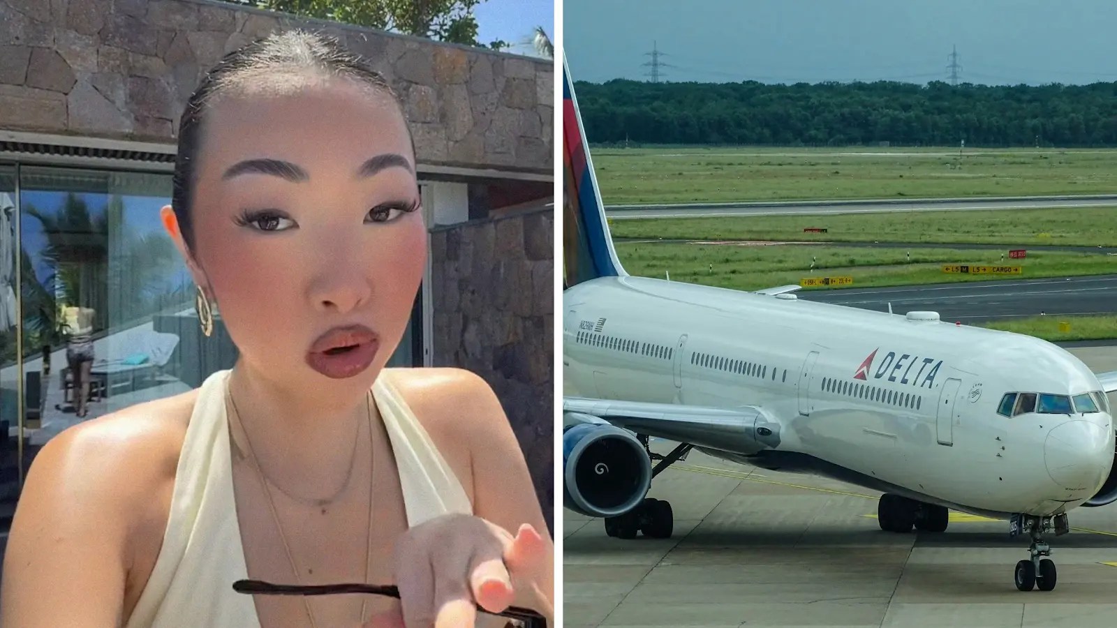 woman shares delta issue (l) Delta airlines plane (r)