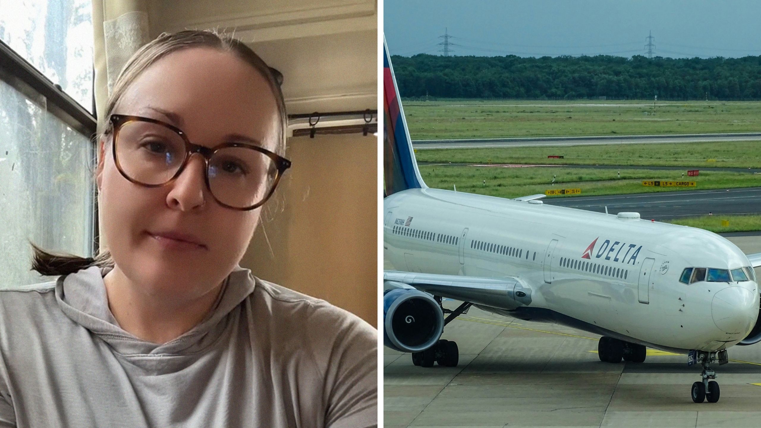 woman shares Delta airlines experience (l) Delta airlines aircraft (r)