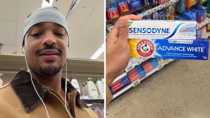 man shares best toothpastes (l) Sensodyne and Arm &and Hammer toothpaste (r)