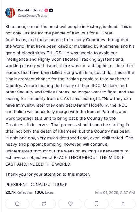 Donald Trump celebrates Khamenei's death on Truth Social