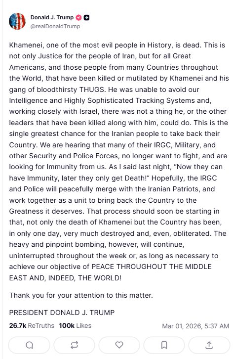 Donald Trump celebrates Khamenei's death on Truth Social