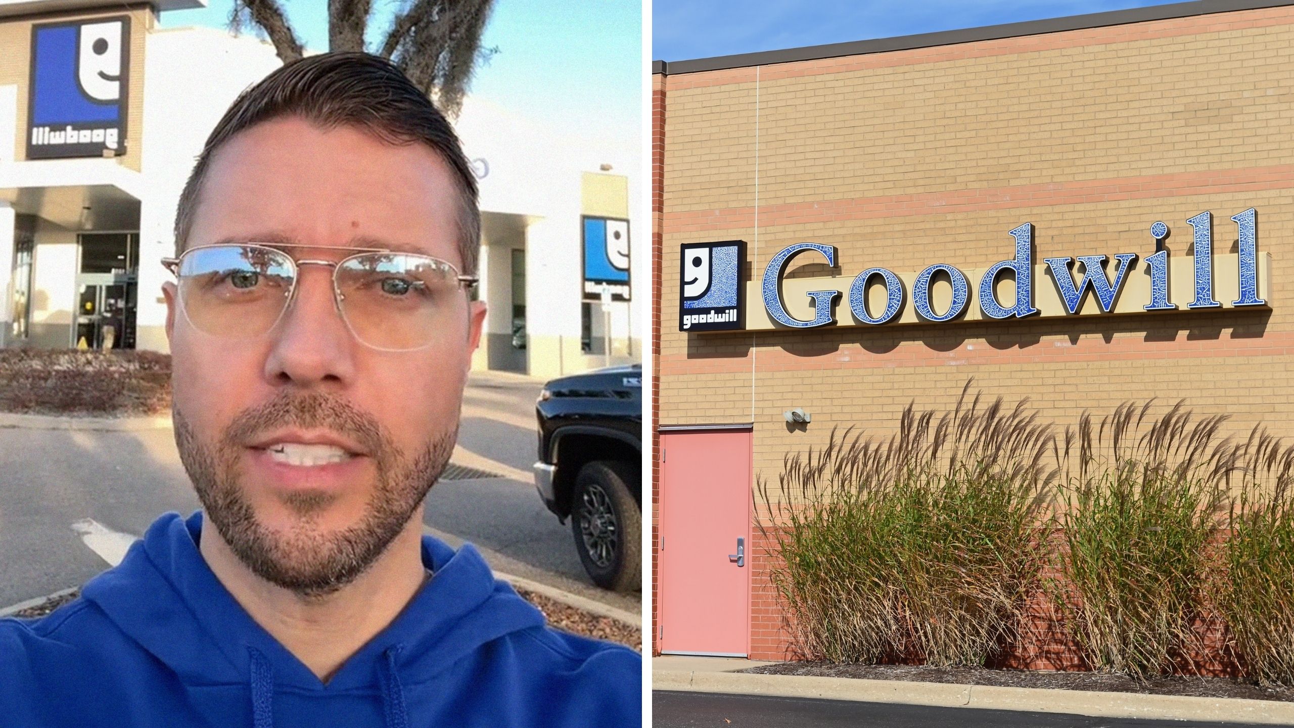 man shares goodwill finds (l) Goodwill storefront (r)
