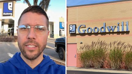 man shares goodwill finds (l) Goodwill storefront (r)