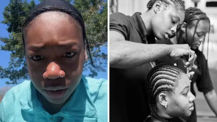 woman shares horrible salon experience (l) woman at hair salon (r)