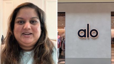woman shares shopping experience at ALO (l) ALO storefront (r)