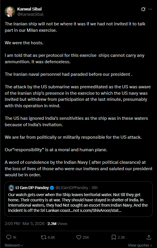 Former Foreign Minister of India claims sunken IRIS Dena was unarmed