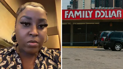 woman shares shopping issue (l) Family Dollar storefront (r)