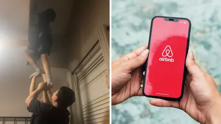 group trying to enter secret room (l) Air bnb app (r)