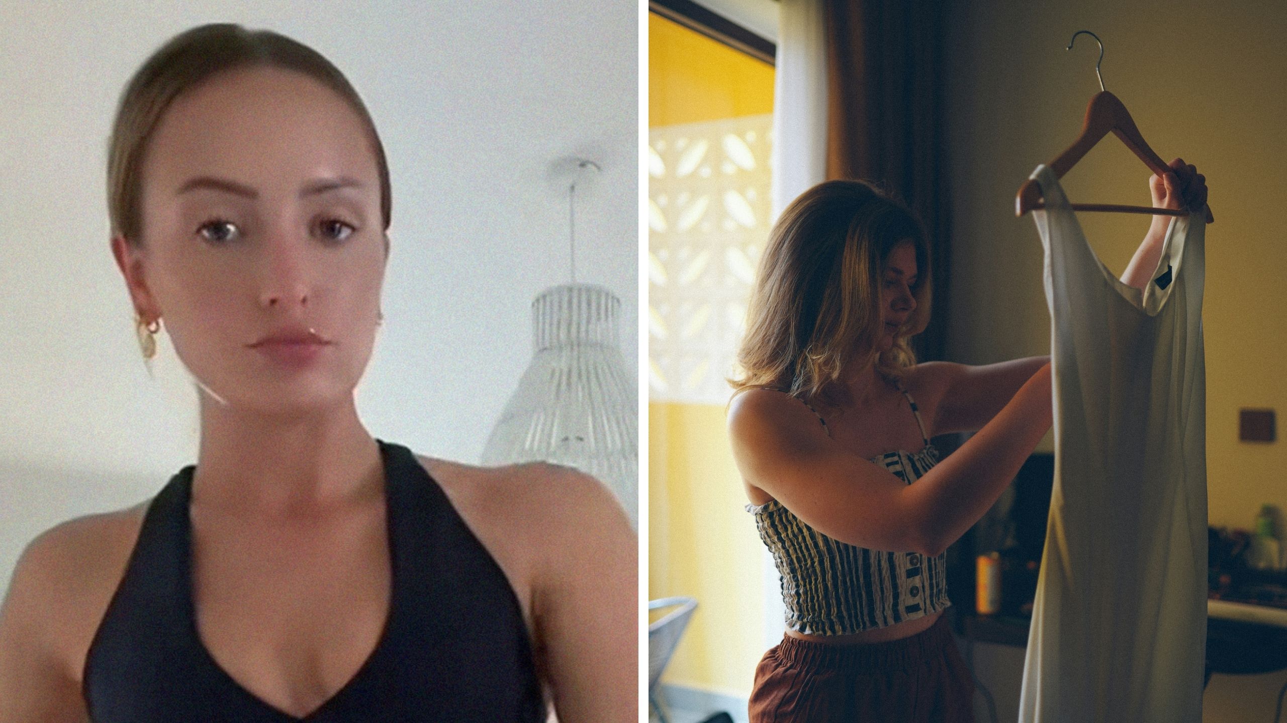 woman shares dress she finds for wedding (l) woman holding up dress (r)