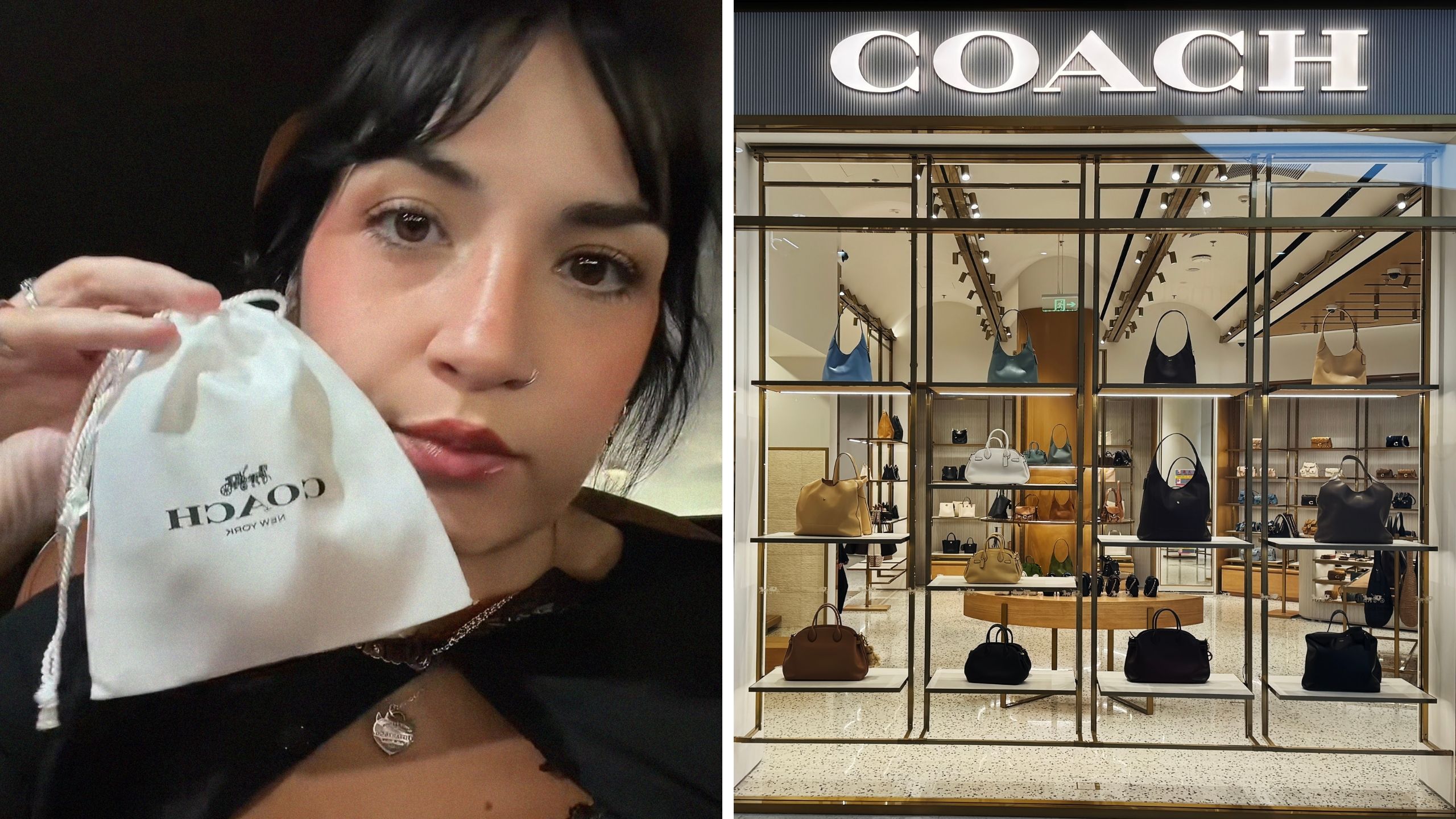 woman shares coach shopping experience (l) Coach storefront (r)