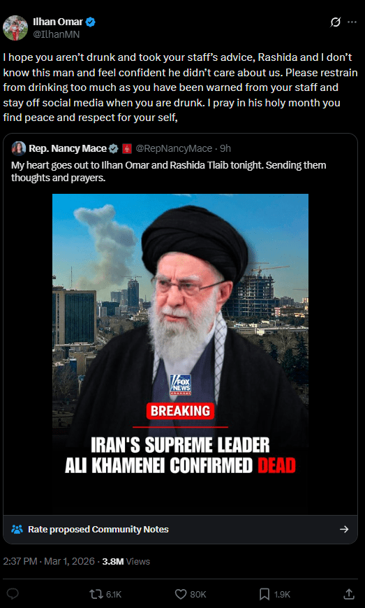 Ilhan Omar replies to Nancy Mace's discriminatory tweet on X