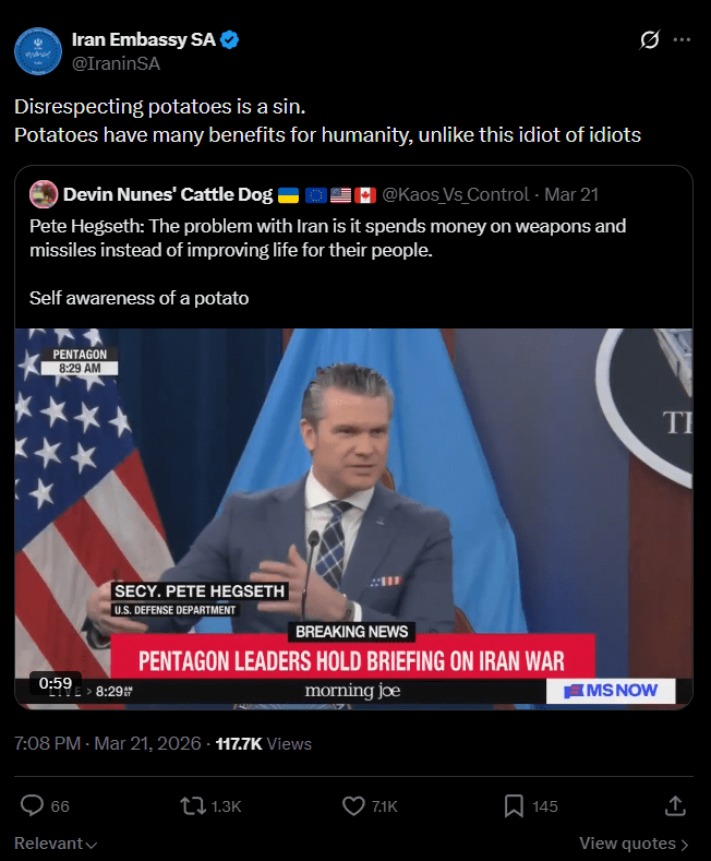 Iran Embassy in South Africa criticizes Pete Hegseth's comments