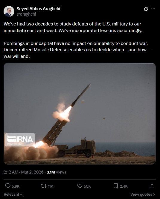 Iran Foreign Minister says bombing Tehran won't matter in the war