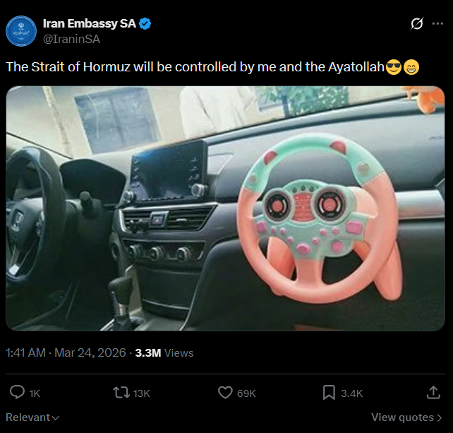 Iranian Embassy posts meme in response to Trump's ambition of jointly controlling the Strait of Hormuz