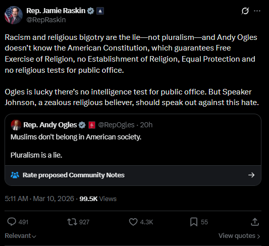 Jamie Raskin denounces anti-Muslim rhetoric from Andy Ogles 