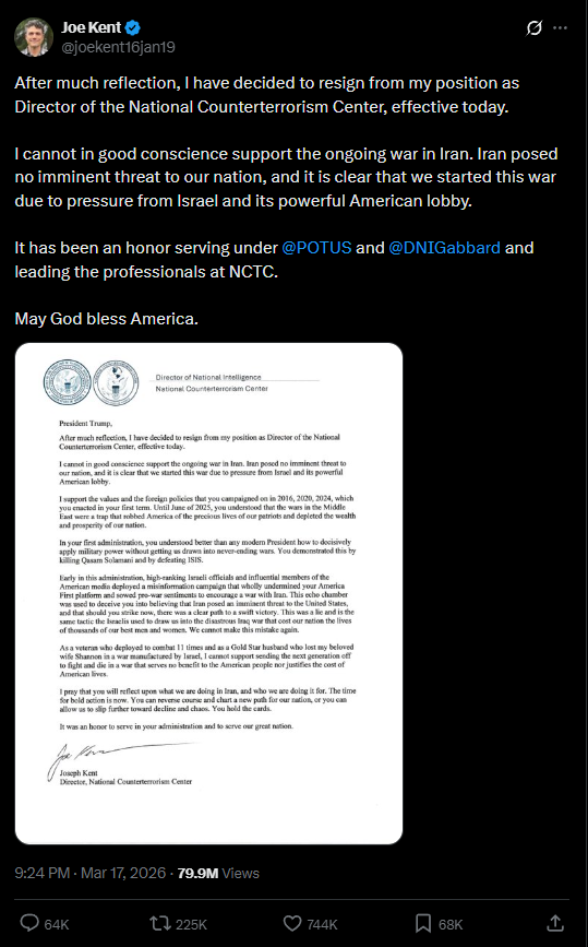 Joseph Kent resigns from Director of National Counterterrorism Center